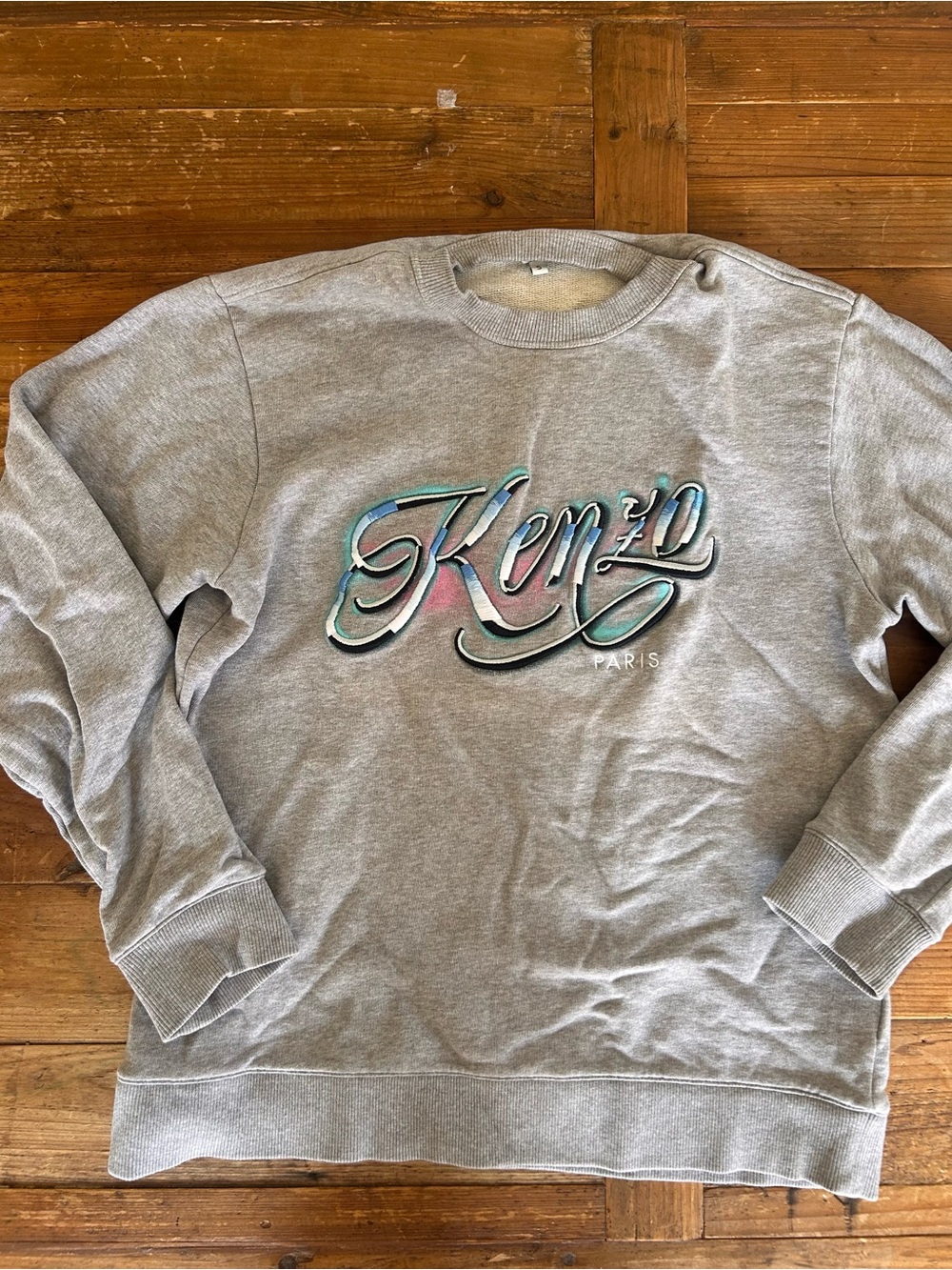 Kenzo Gray Sweatshirt with Teal & Pink Script Logo